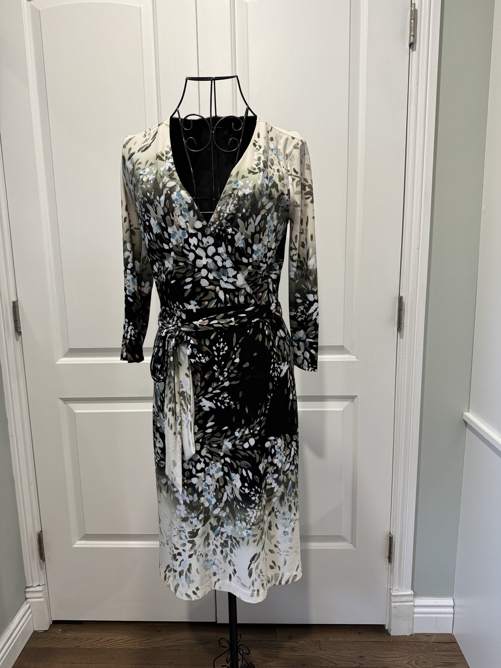 White House Black Market Black, Cream & Light Blue Floral Wrap Dress